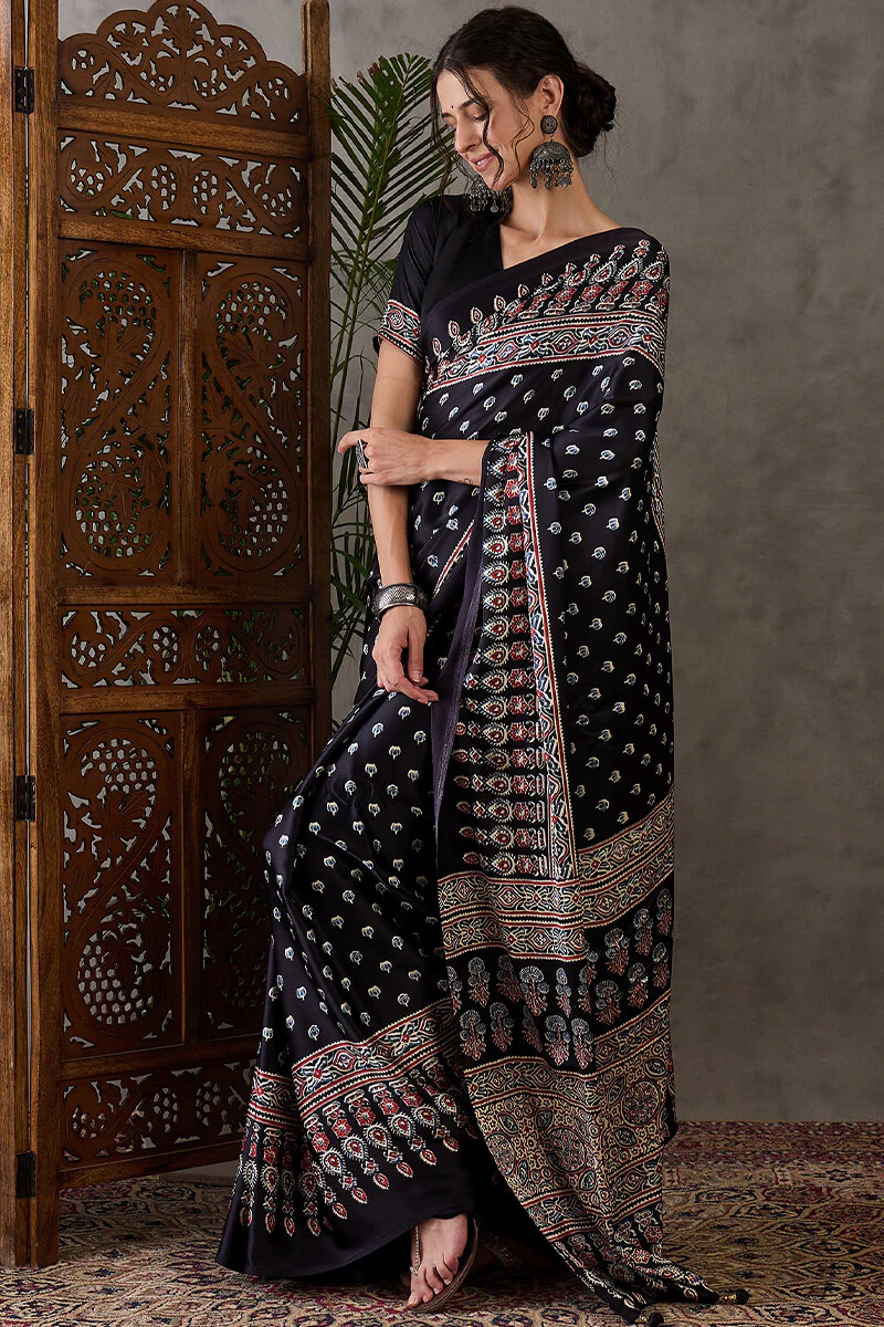 Admirable Black Ajrakh Printed Semi Modal Silk Saree With Lagniappe Blouse Piece - Image 4