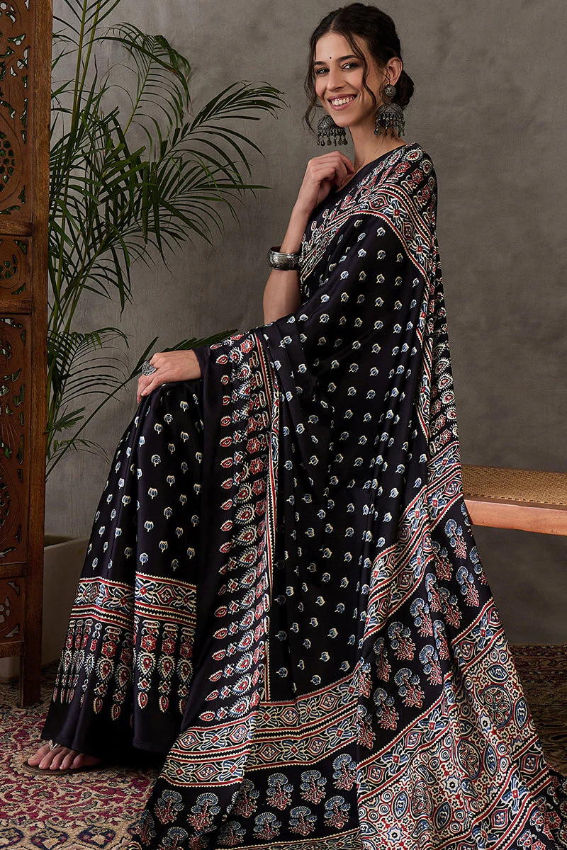 Admirable Black Ajrakh Printed Semi Modal Silk Saree With Lagniappe Blouse Piece - Image 6