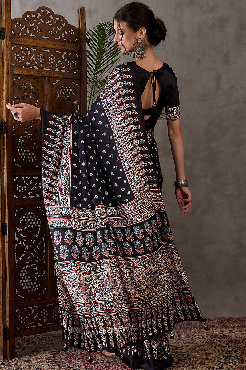 Admirable Black Ajrakh Printed Semi Modal Silk Saree With Lagniappe Blouse Piece - Image 7