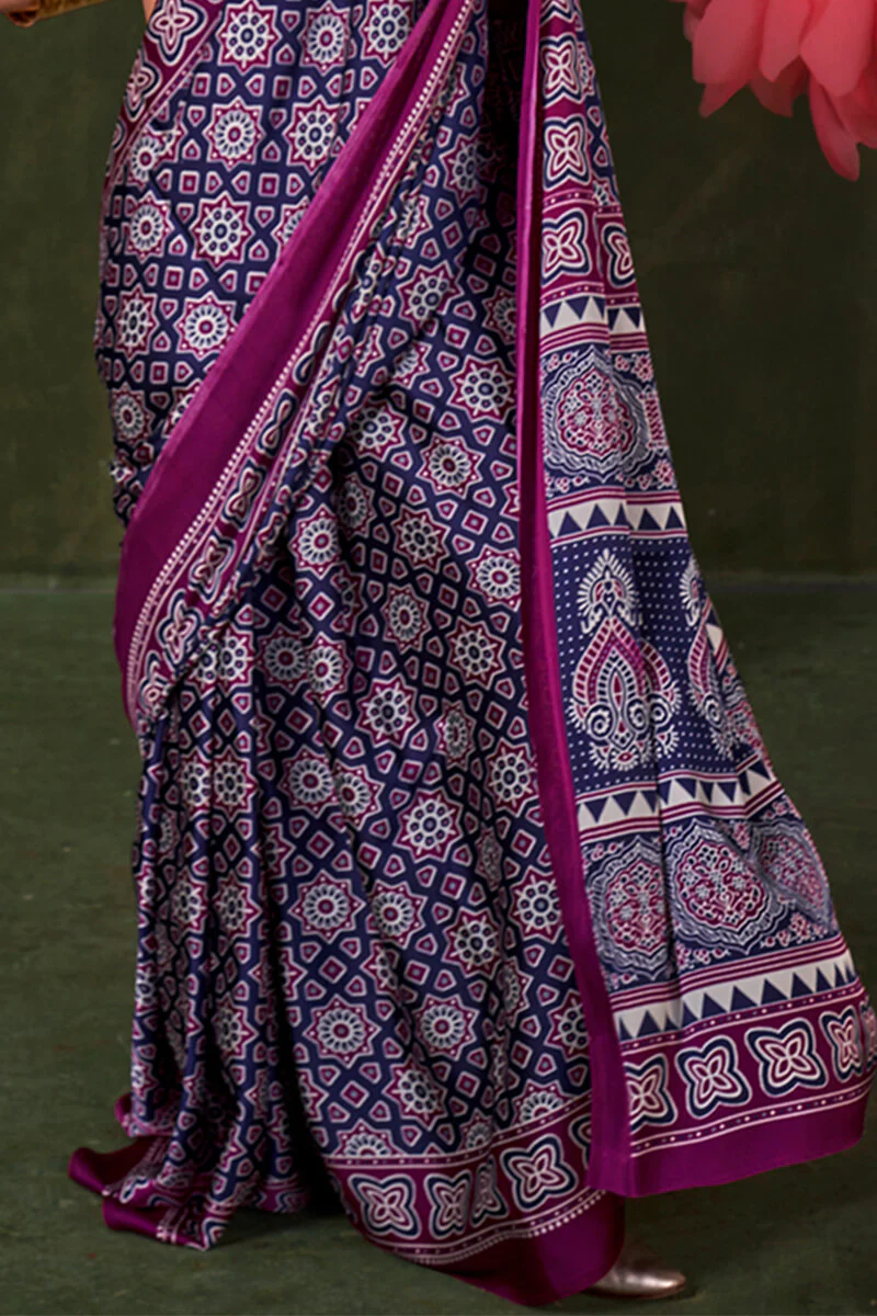 Admirable Blue Ajrakh Printed Satin Silk Saree With Jubilant Blouse Piece - Image 3