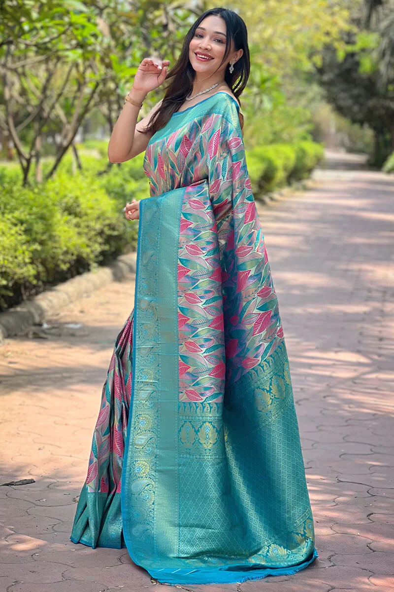 Admirable Turquoise Kanjivaram Silk Saree With Dissemble Blouse Piece - Image 3