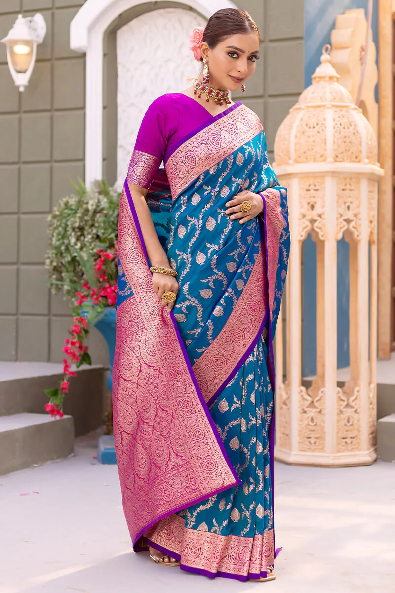 Adorable Blue Soft Banarasi Silk Saree With Girlish Blouse Piece - Image 4