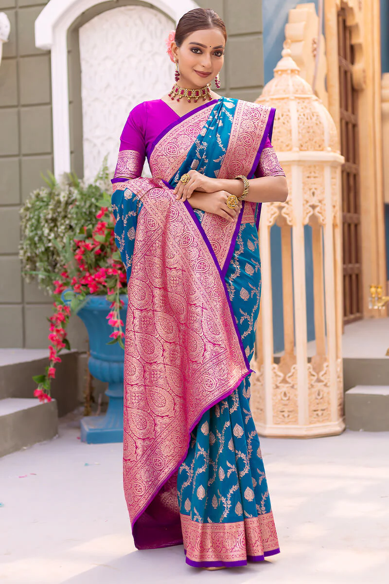 Adorable Blue Soft Banarasi Silk Saree With Girlish Blouse Piece - Image 5