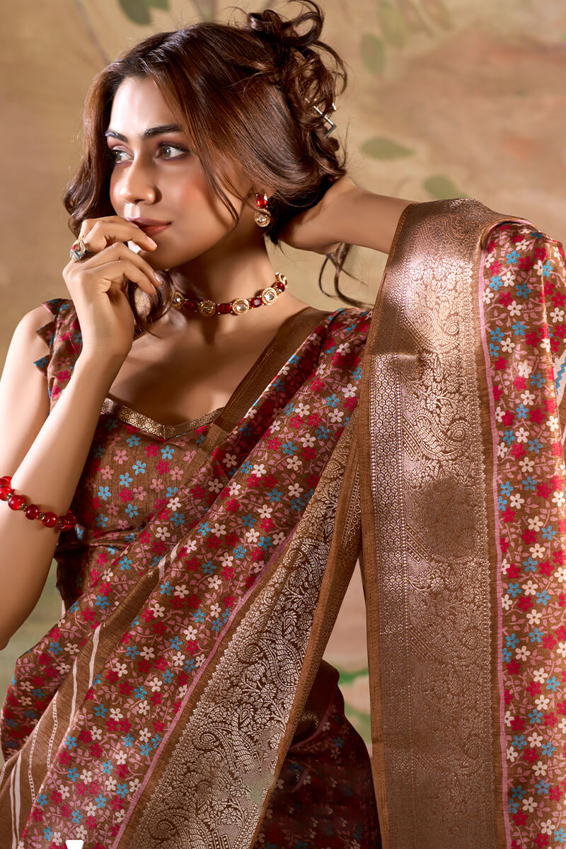 Adorable Brown Digital Printed Dola Silk Saree With Pretty Blouse Piece - Image 2