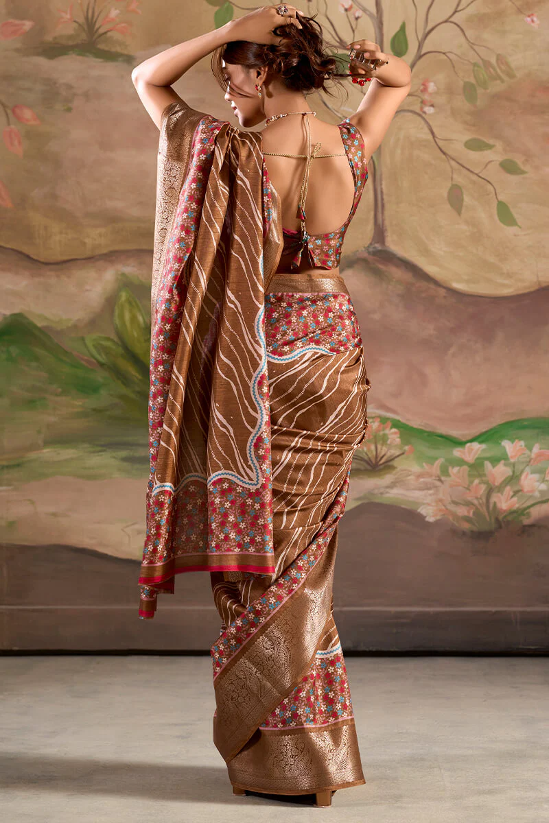 Adorable Brown Digital Printed Dola Silk Saree With Pretty Blouse Piece - Image 3