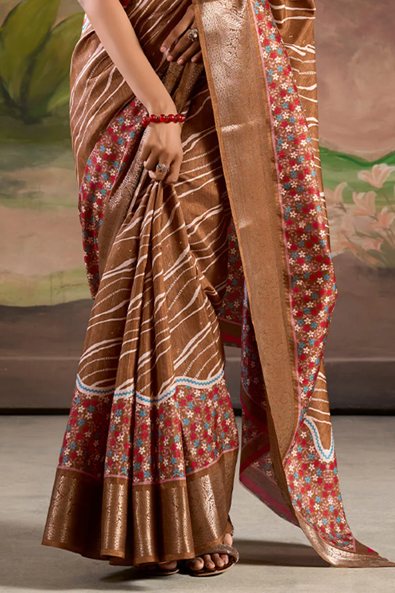 Adorable Brown Digital Printed Dola Silk Saree With Pretty Blouse Piece - Image 4