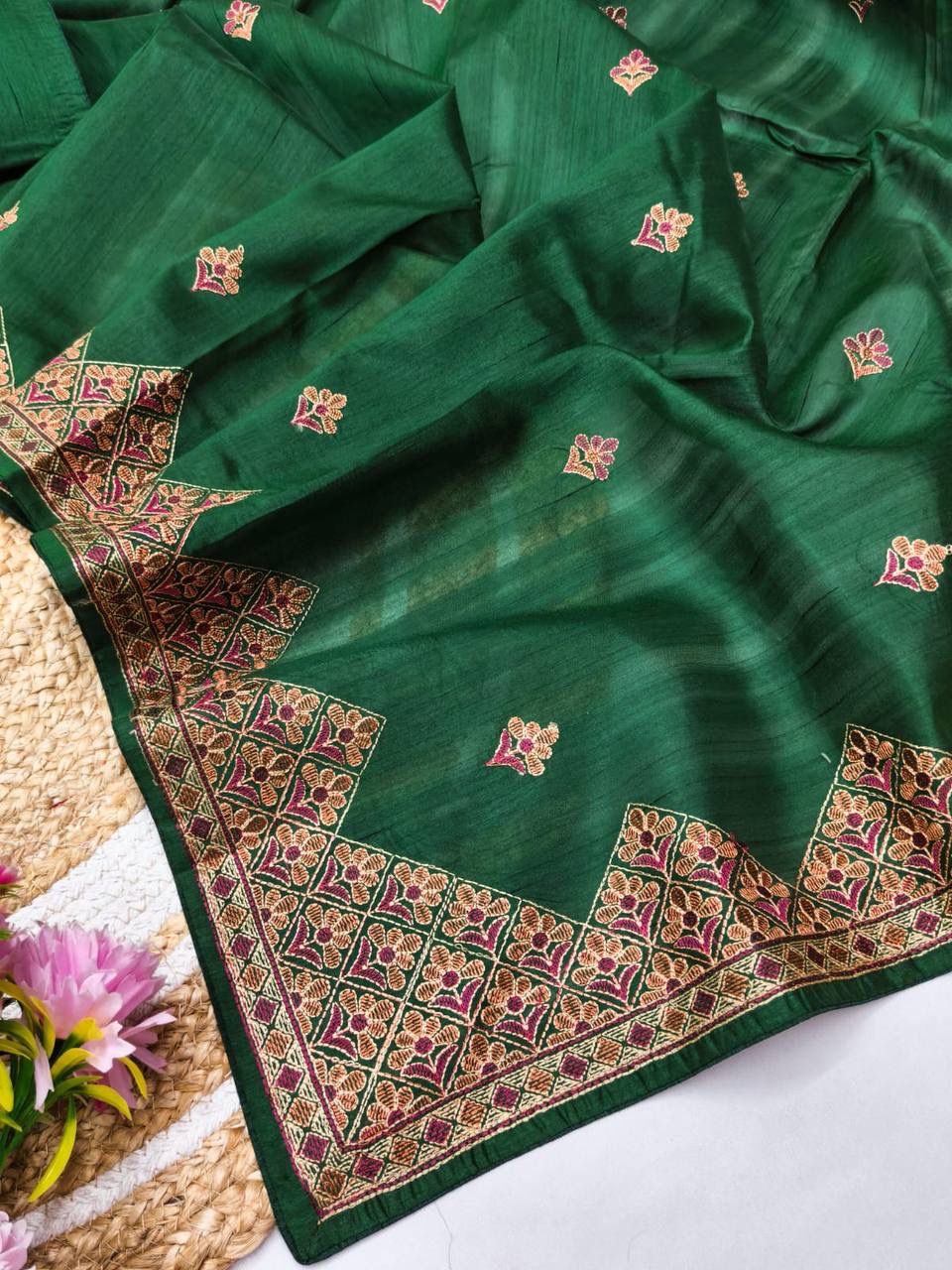 Adorable Dark Green Embroidery Work Tussar Silk Saree With Glittering Blouse Piece - Image 3