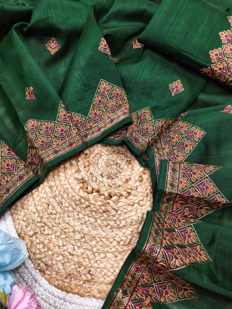 Adorable Dark Green Embroidery Work Tussar Silk Saree With Glittering Blouse Piece - Image 4