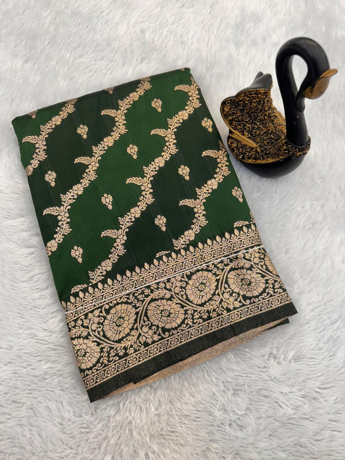 Adorable Dark Green Soft Banarasi Silk Saree With Whimsical Blouse Piece - Image 2