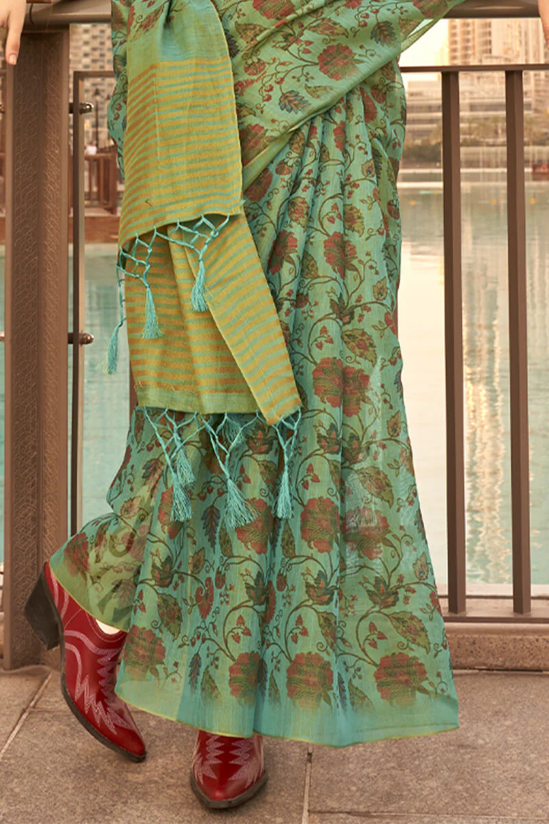 Adorable Green Digital Printed Tissue Silk Saree With Groovy Blouse Piece - Image 3