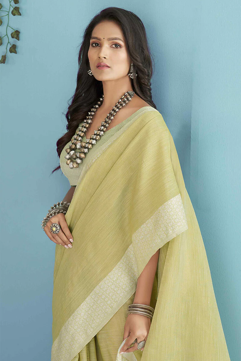 Adorable Lemon Lucknowi Silk Saree With Flameboyant Blouse Piece - Image 2
