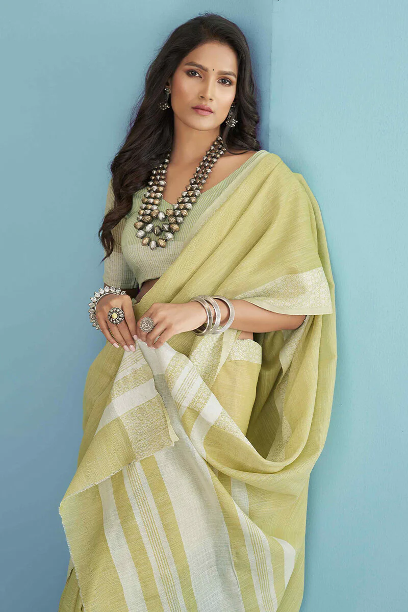 Adorable Lemon Lucknowi Silk Saree With Flameboyant Blouse Piece - Image 3