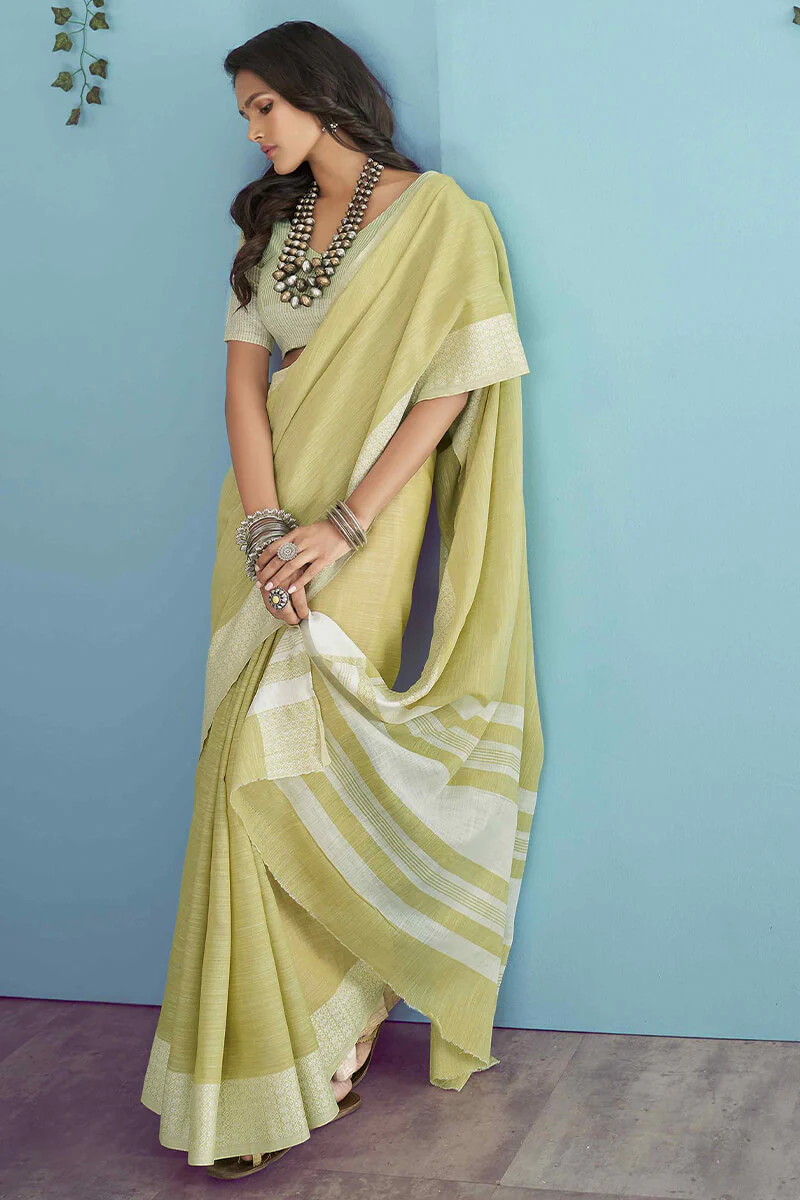 Adorable Lemon Lucknowi Silk Saree With Flameboyant Blouse Piece - Image 4