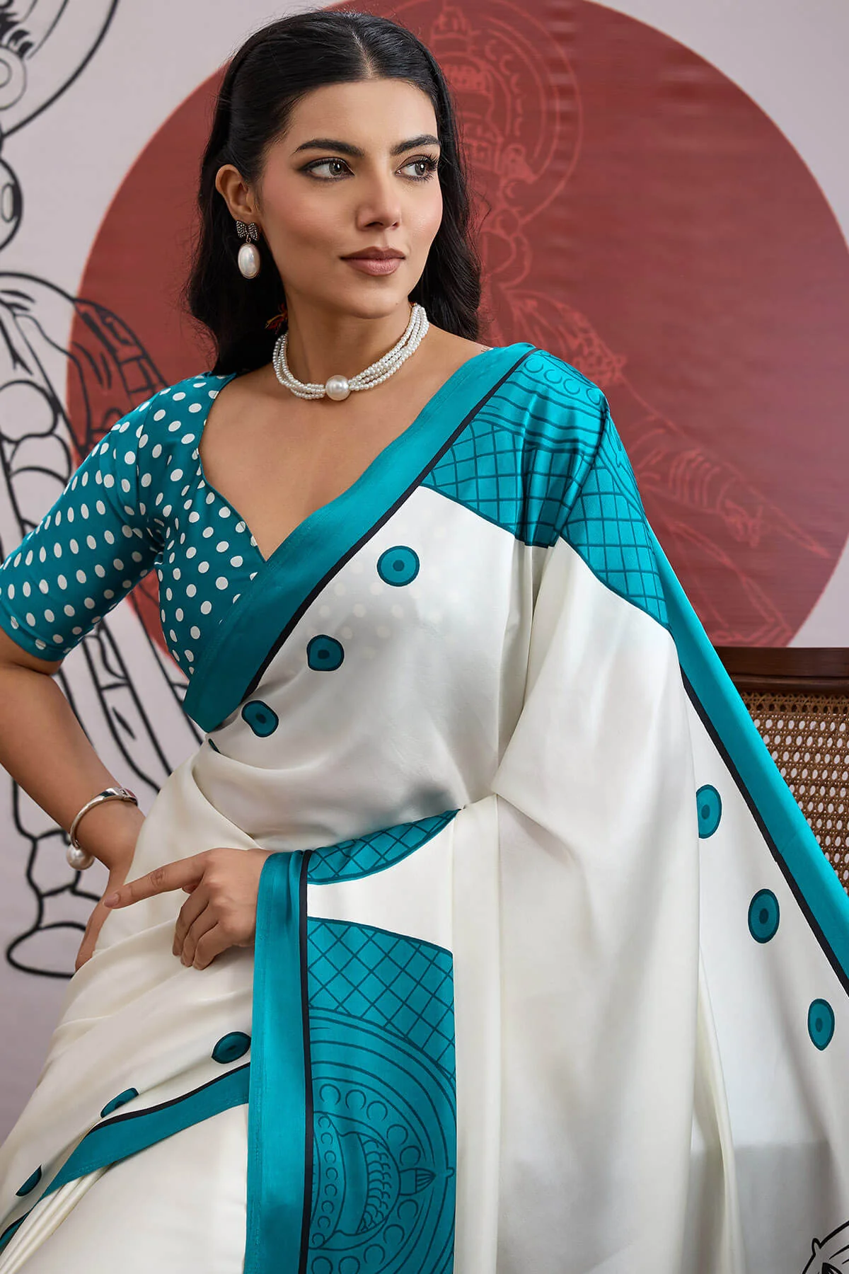 Adorable Off White and Firozi Ajrakh Printed Satin Silk Saree With Flameboyant Blouse Piece - Image 2