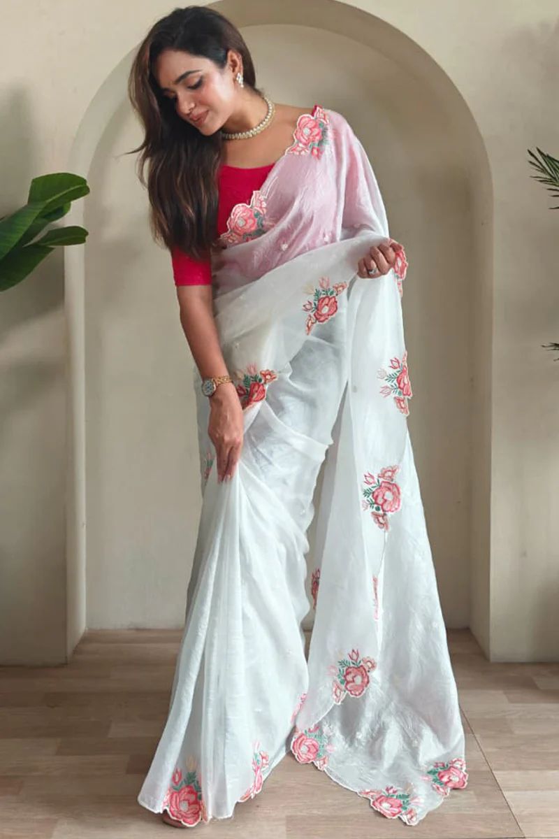 Adorable Off White Embroidery Work Crush Silk Saree With Embellished Blouse Piece - Image 2