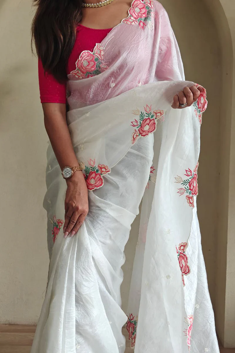 Adorable Off White Embroidery Work Crush Silk Saree With Embellished Blouse Piece - Image 3