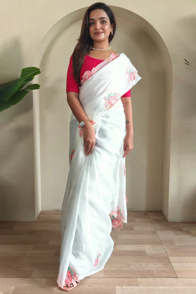 Adorable Off White Embroidery Work Crush Silk Saree With Embellished Blouse Piece - Image 4