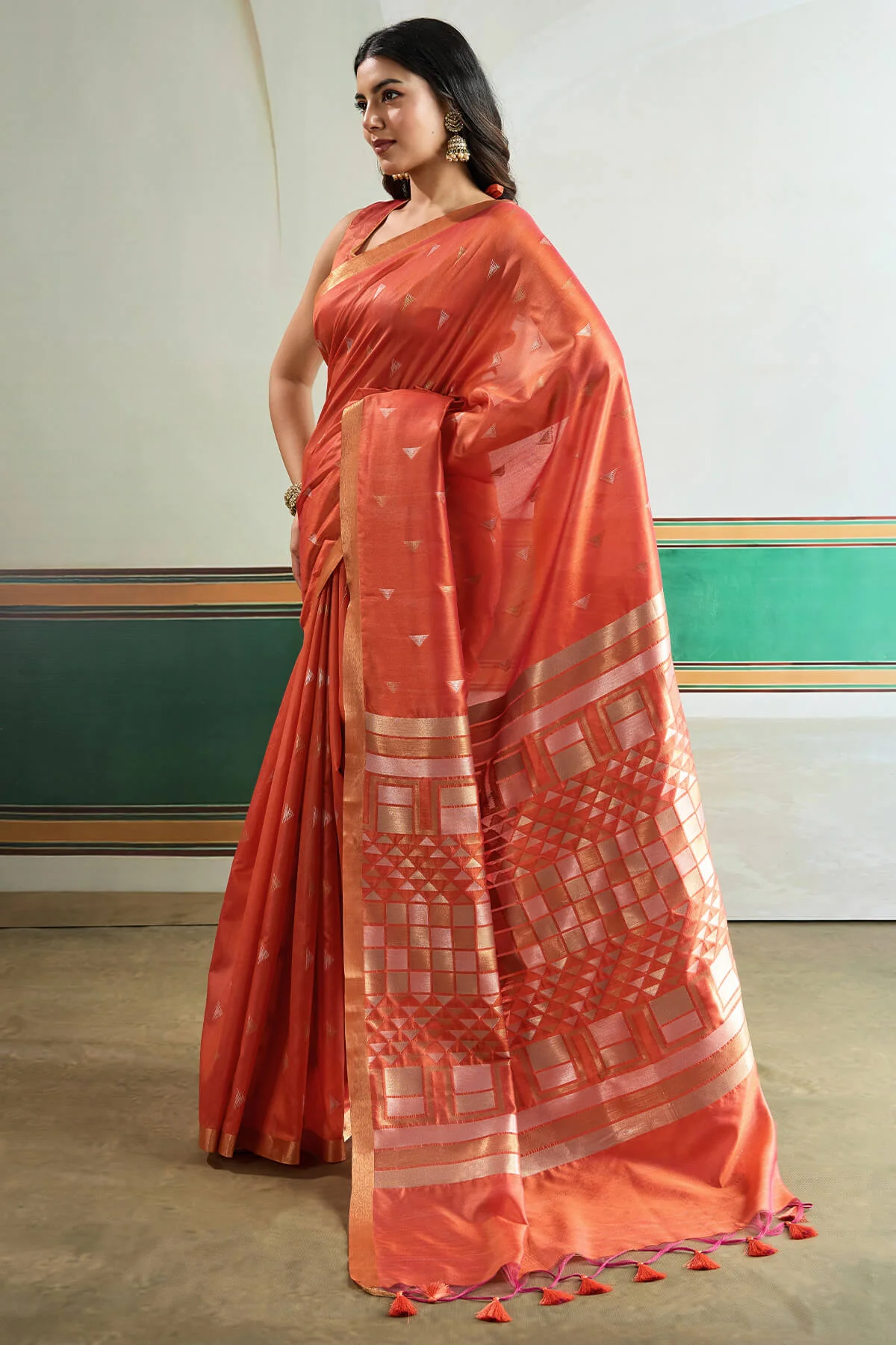 Adorable Peach Pure Zari Weaving Banarasi Tussar Silk Saree With Incomparable Blouse Piece - Image 3