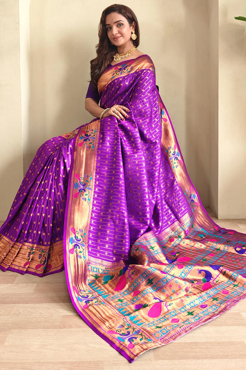 Adorable Purple Paithani Silk Saree With Bucolic Blouse Piece - Image 2