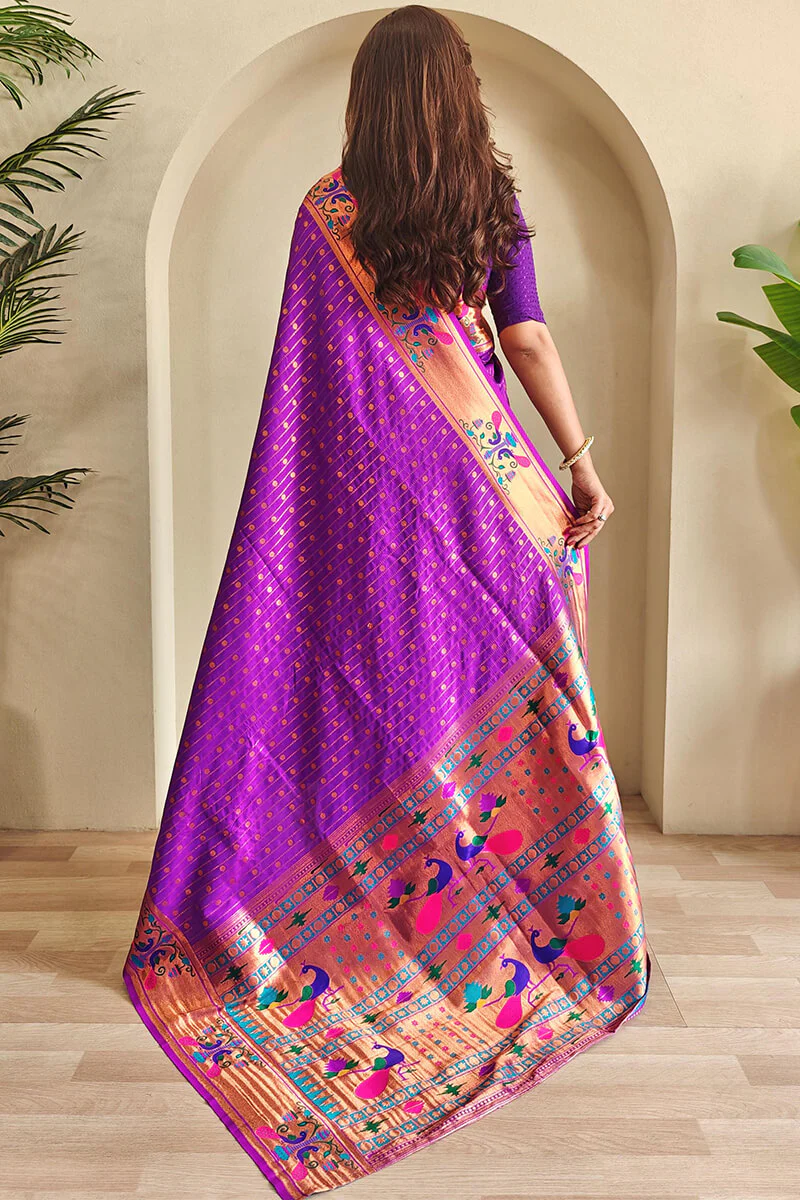 Adorable Purple Paithani Silk Saree With Bucolic Blouse Piece - Image 3