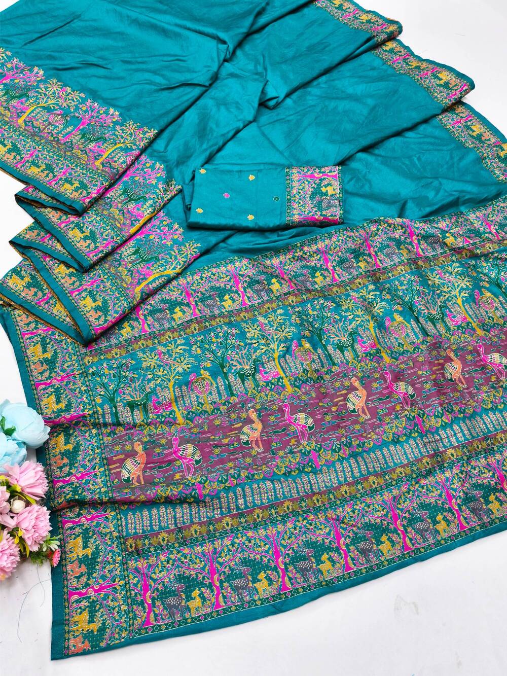 Adorable Rama Nylon Dola Pashmina Saree With Ineffable Blouse Piece - Image 5