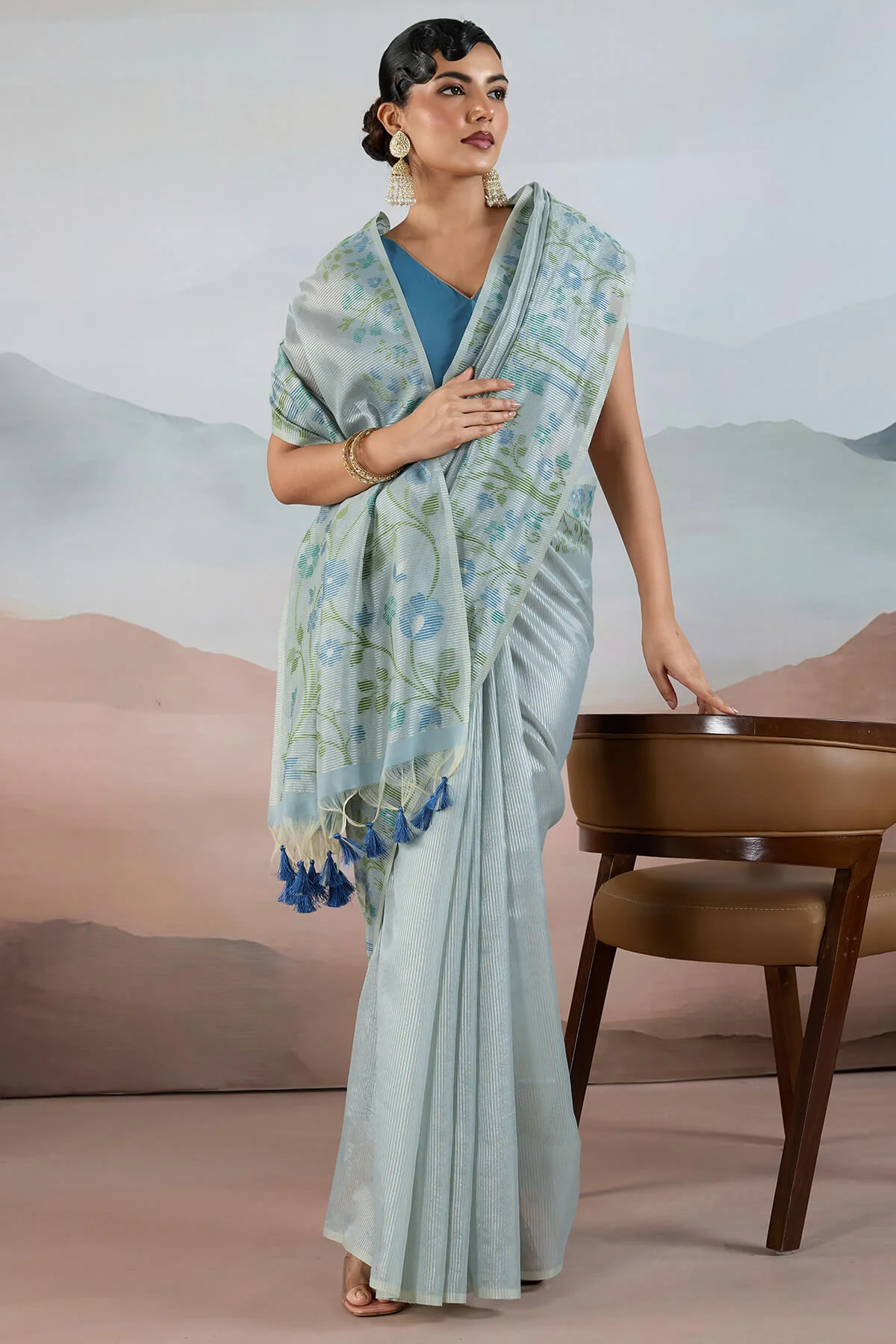 Adorable Sky Soft Banarasi Tissue Silk Saree With Amiable Blouse Piece - Image 4