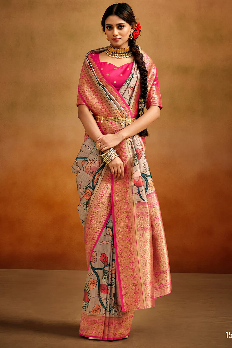 Adoring Beige Kalamkari Printed Saree With Scrupulous Blouse Piece - Image 3