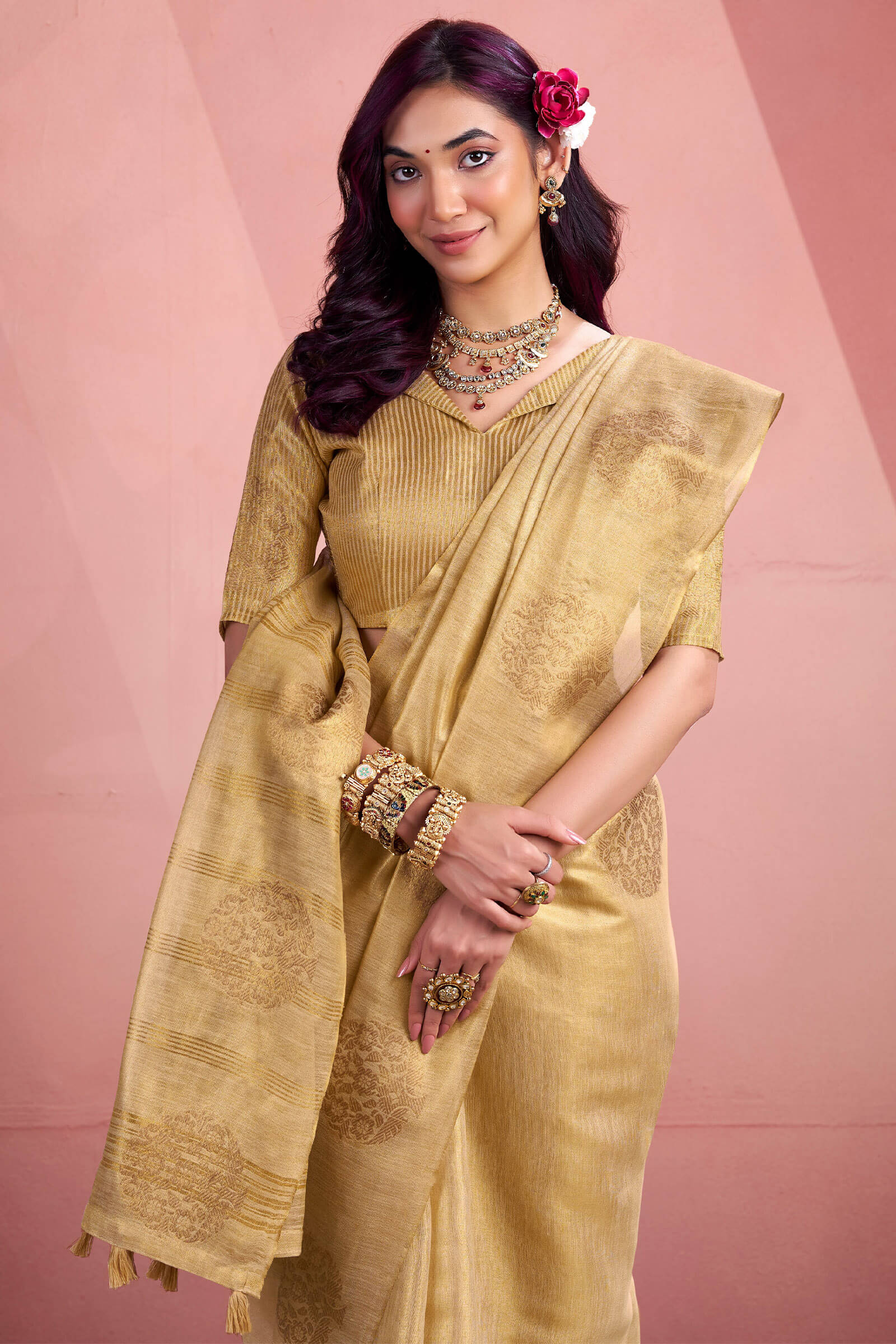 Adoring Beige Soft Banarasi Tissue Silk Saree With Girlish Blouse Piece - Image 2