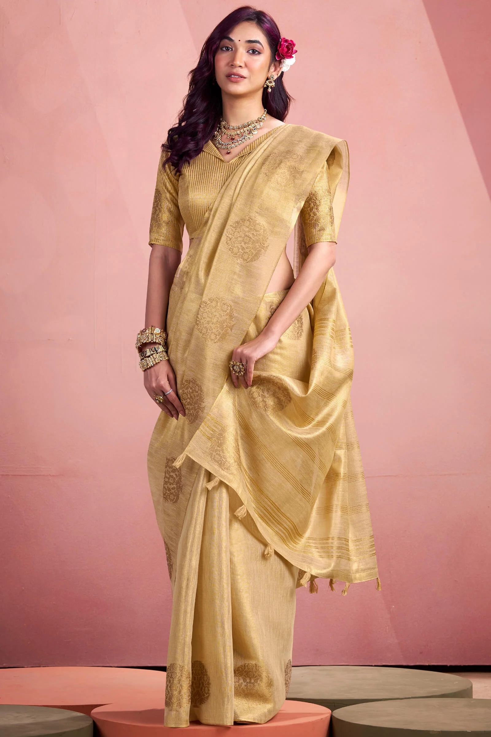Adoring Beige Soft Banarasi Tissue Silk Saree With Girlish Blouse Piece - Image 3