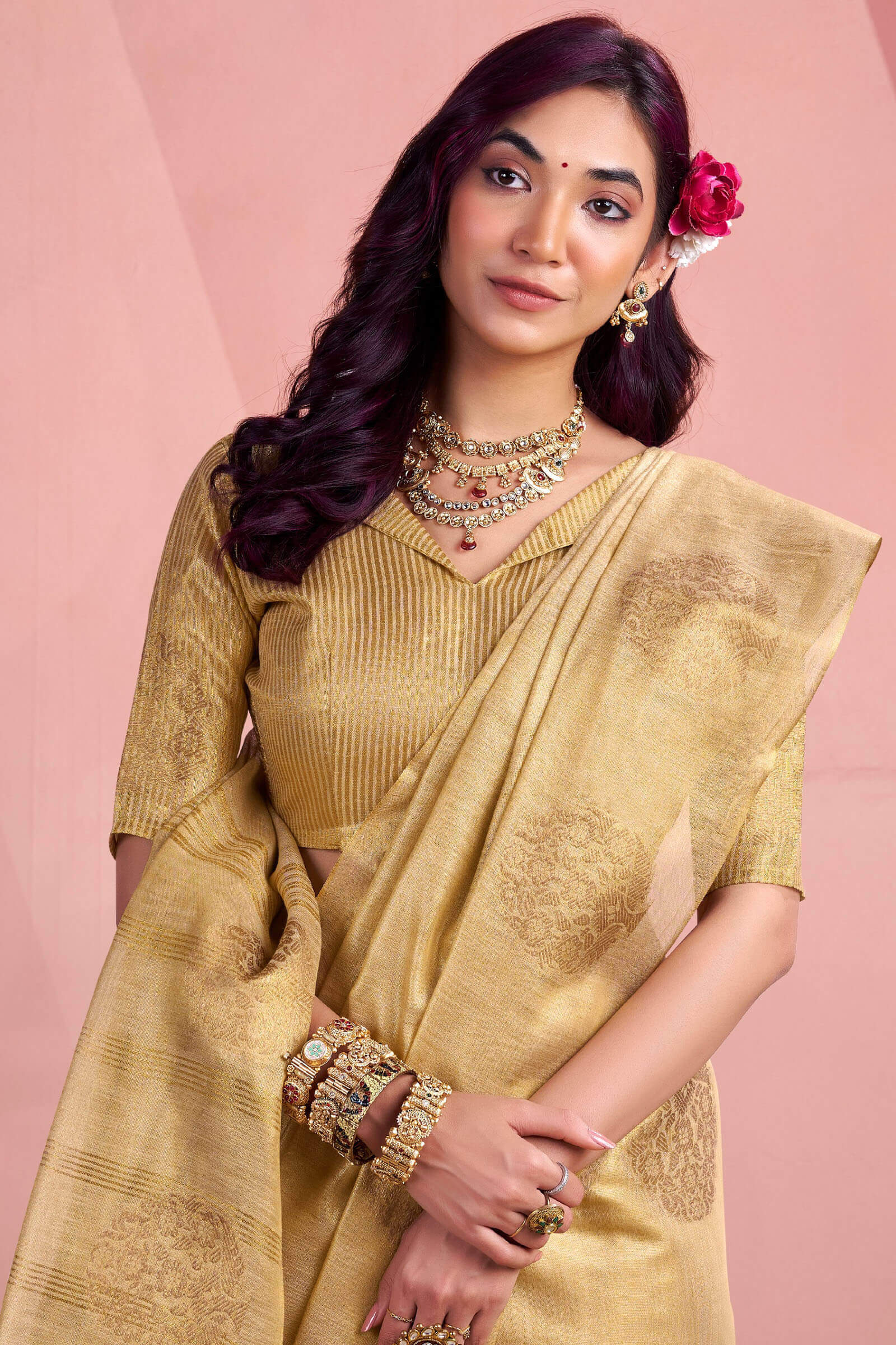 Adoring Beige Soft Banarasi Tissue Silk Saree With Girlish Blouse Piece - Image 4