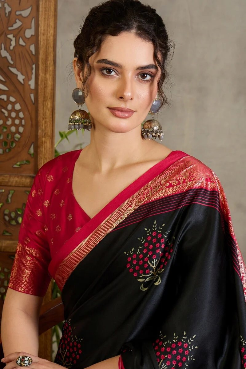 Adoring Black Ajrakh Printed Semi Modal Silk Saree With Nectarous Blouse Piece - Image 4