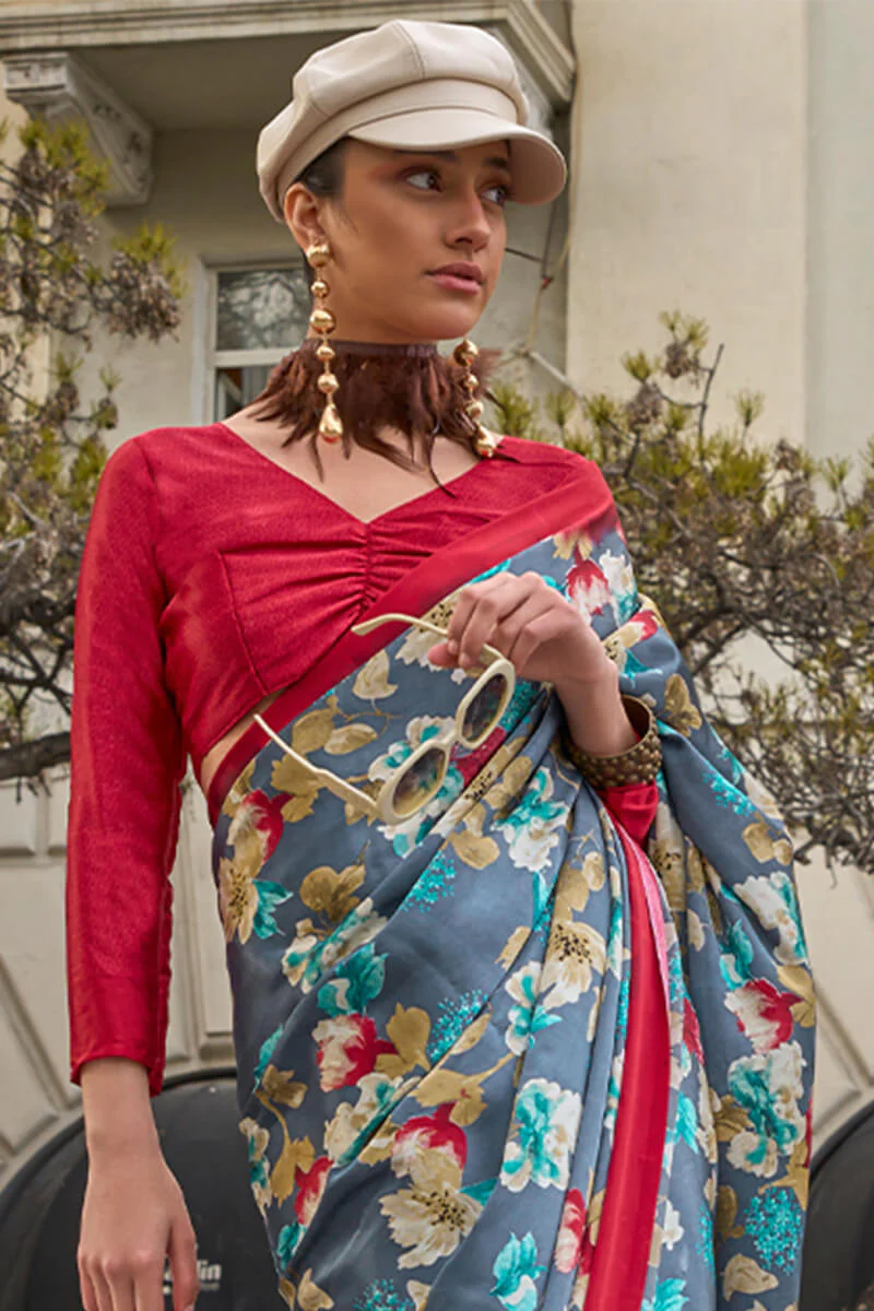 Adoring Grey Digital Printed Satin Silk Saree With Excellent Blouse Piece - Image 2