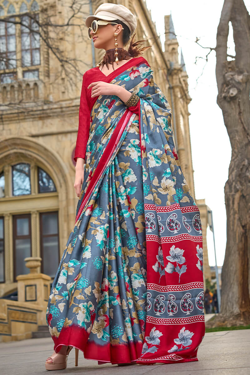 Adoring Grey Digital Printed Satin Silk Saree With Excellent Blouse Piece - Image 3