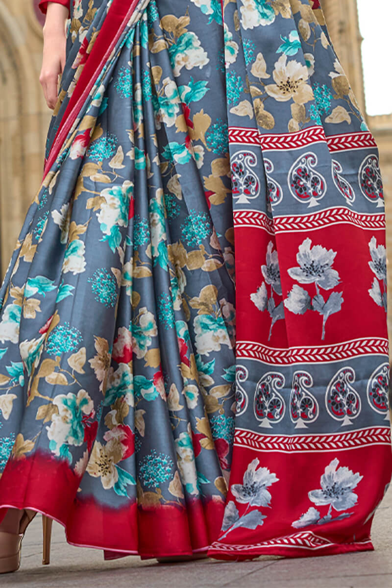 Adoring Grey Digital Printed Satin Silk Saree With Excellent Blouse Piece - Image 4