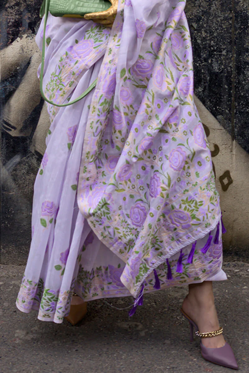 Adoring Lavender Parsi Handloom Woven Banarasi Silk Saree With Blouse Piece - Image 3