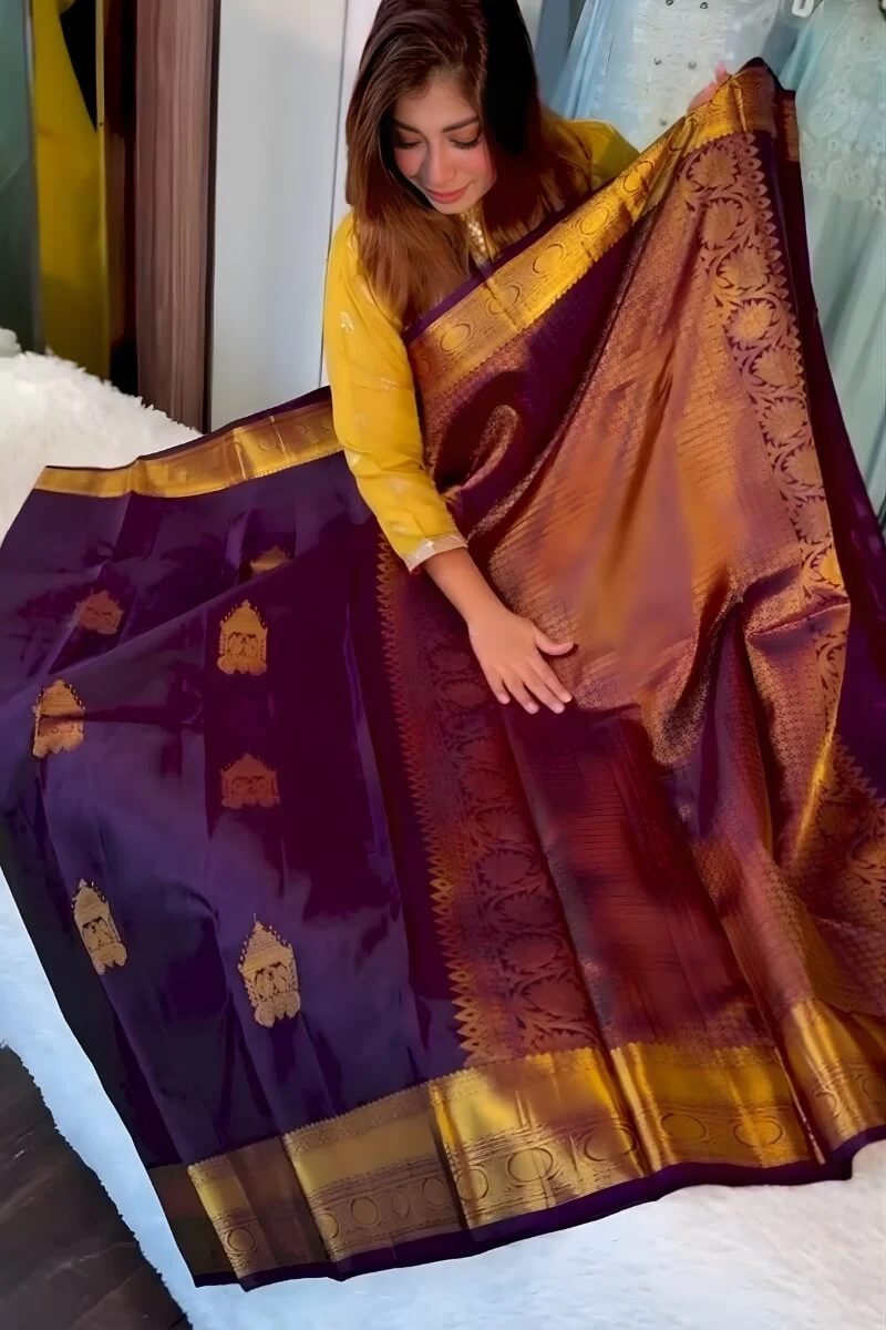 Adoring Purple Pure Zari Weaving Banarasi Silk Saree With Twirling Blouse Piece - Image 4