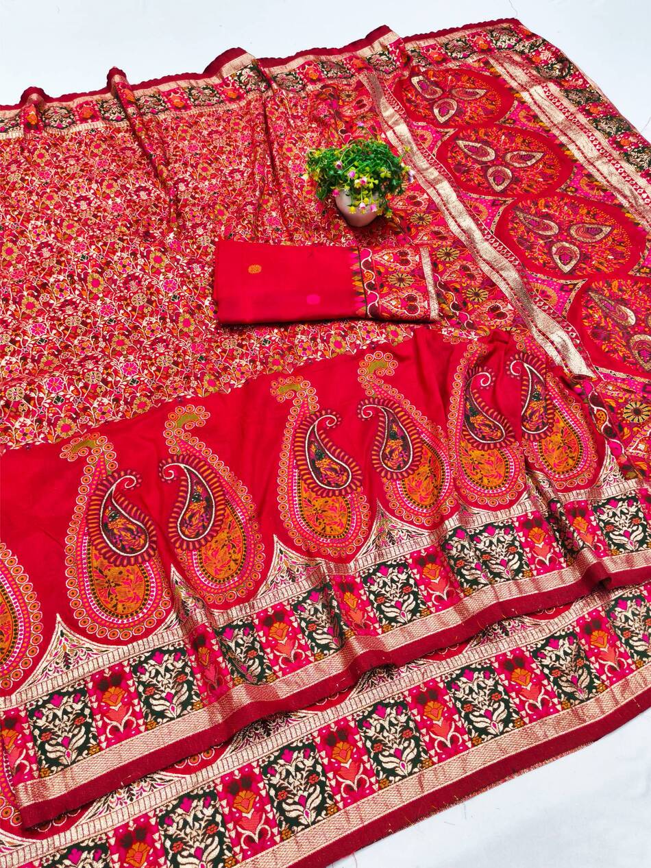 Adoring Red Nylon Dola Pashmina Saree With Designer Blouse Piece - Image 2