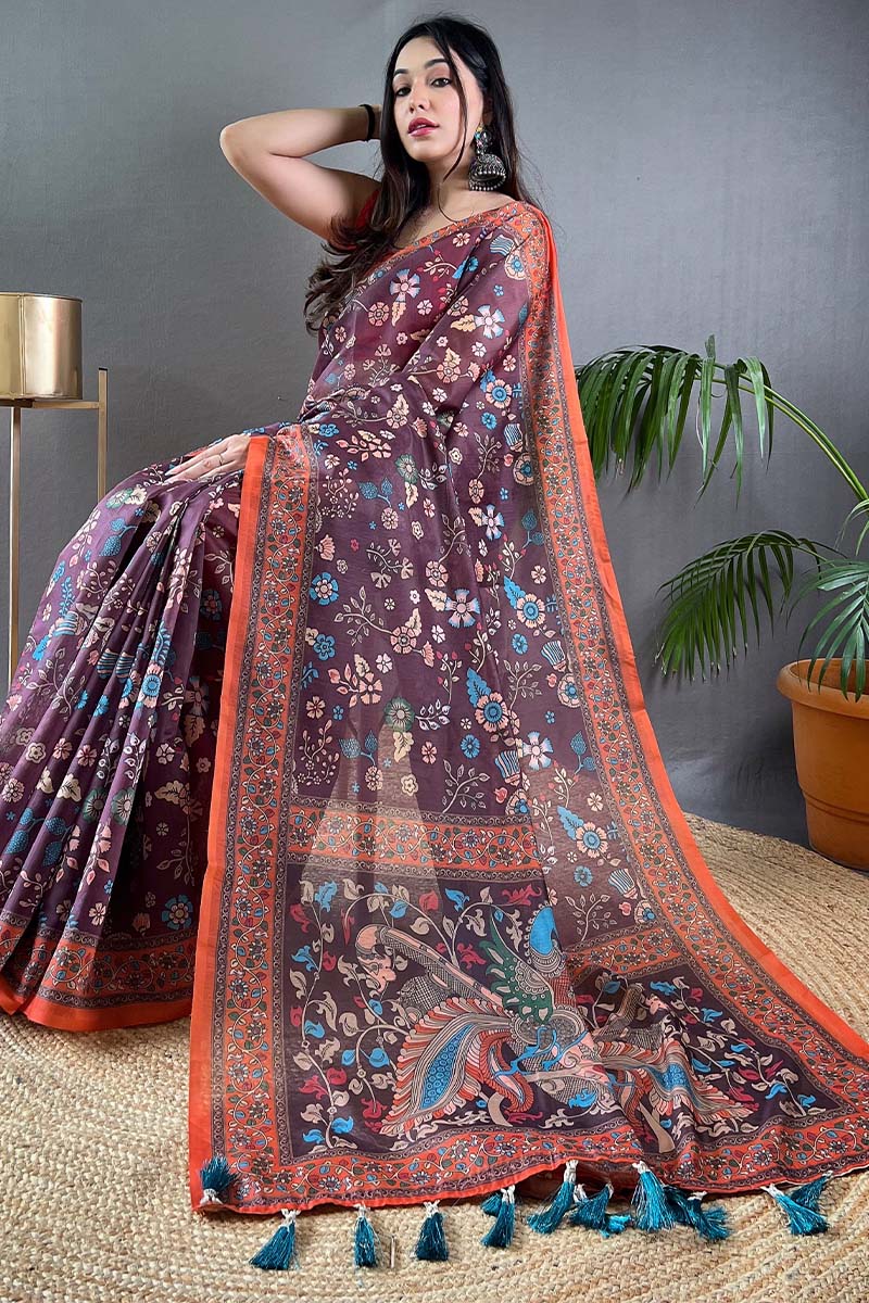 Adoring Wine Kalamkari Printed Saree With Excellent Blouse Piece - Image 3