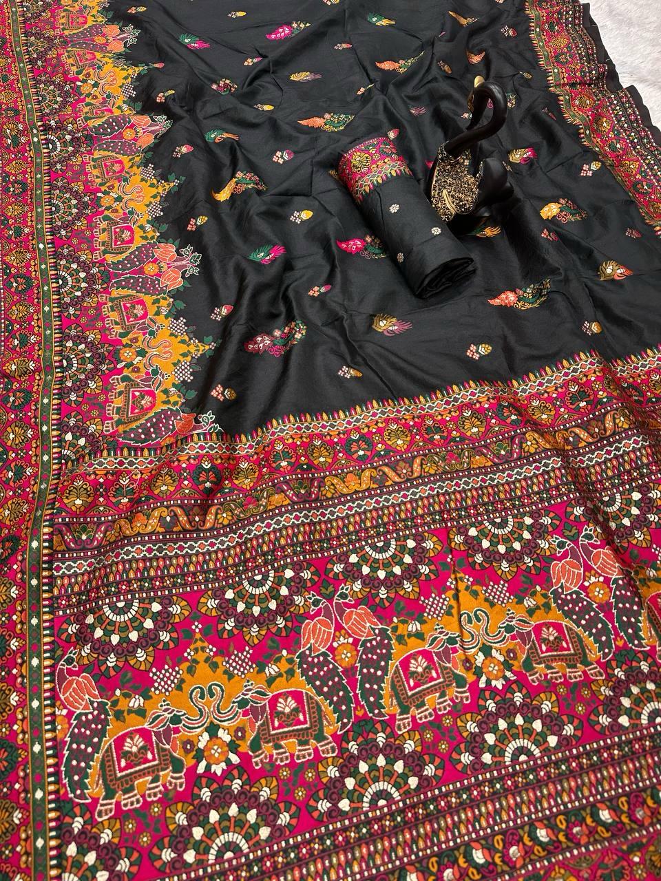 Adorning Black Pashmina Saree With Brood Blouse Piece - Image 2