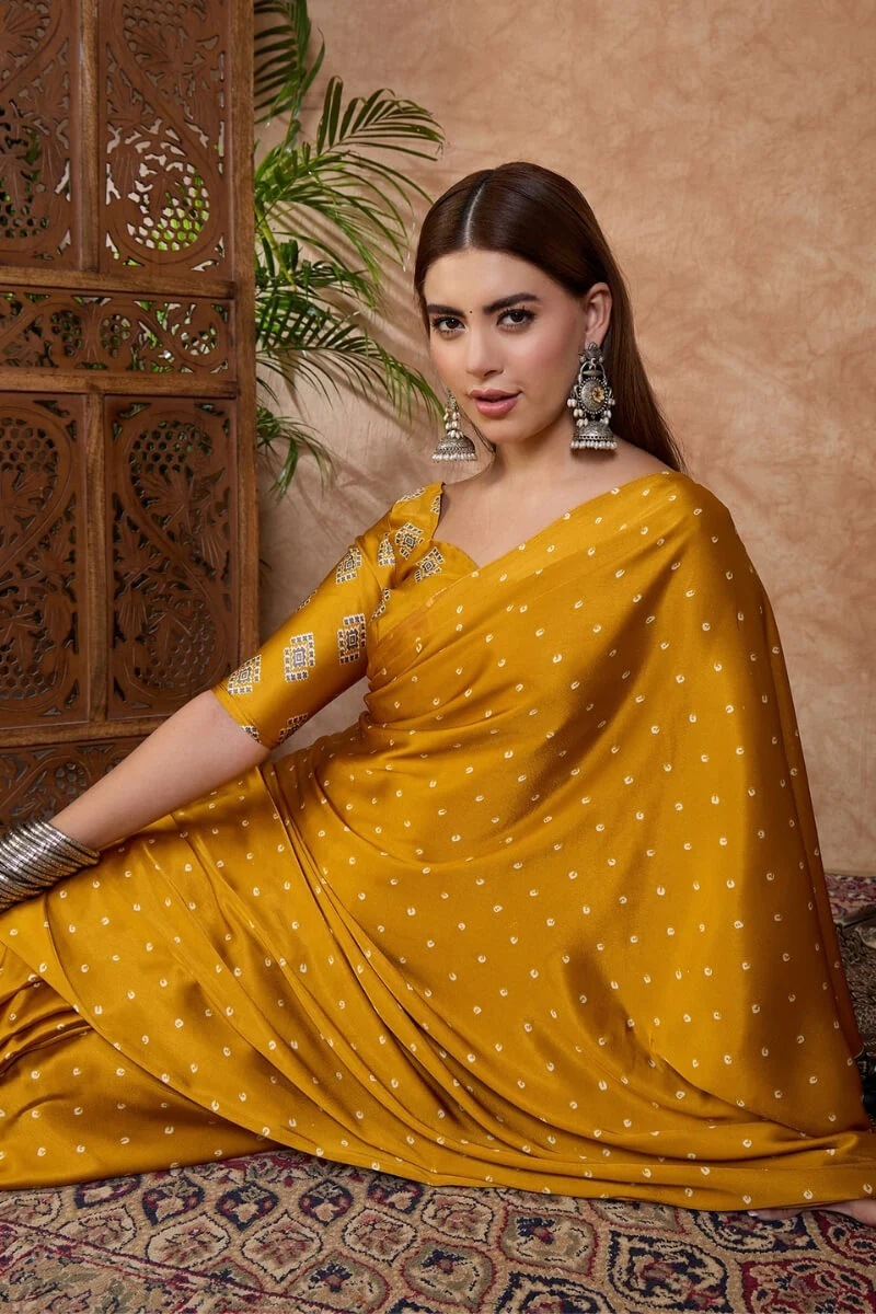 Adorning Mustard Ajrakh Printed Semi Modal Silk Saree With Tantalizing Blouse Piece - Image 2