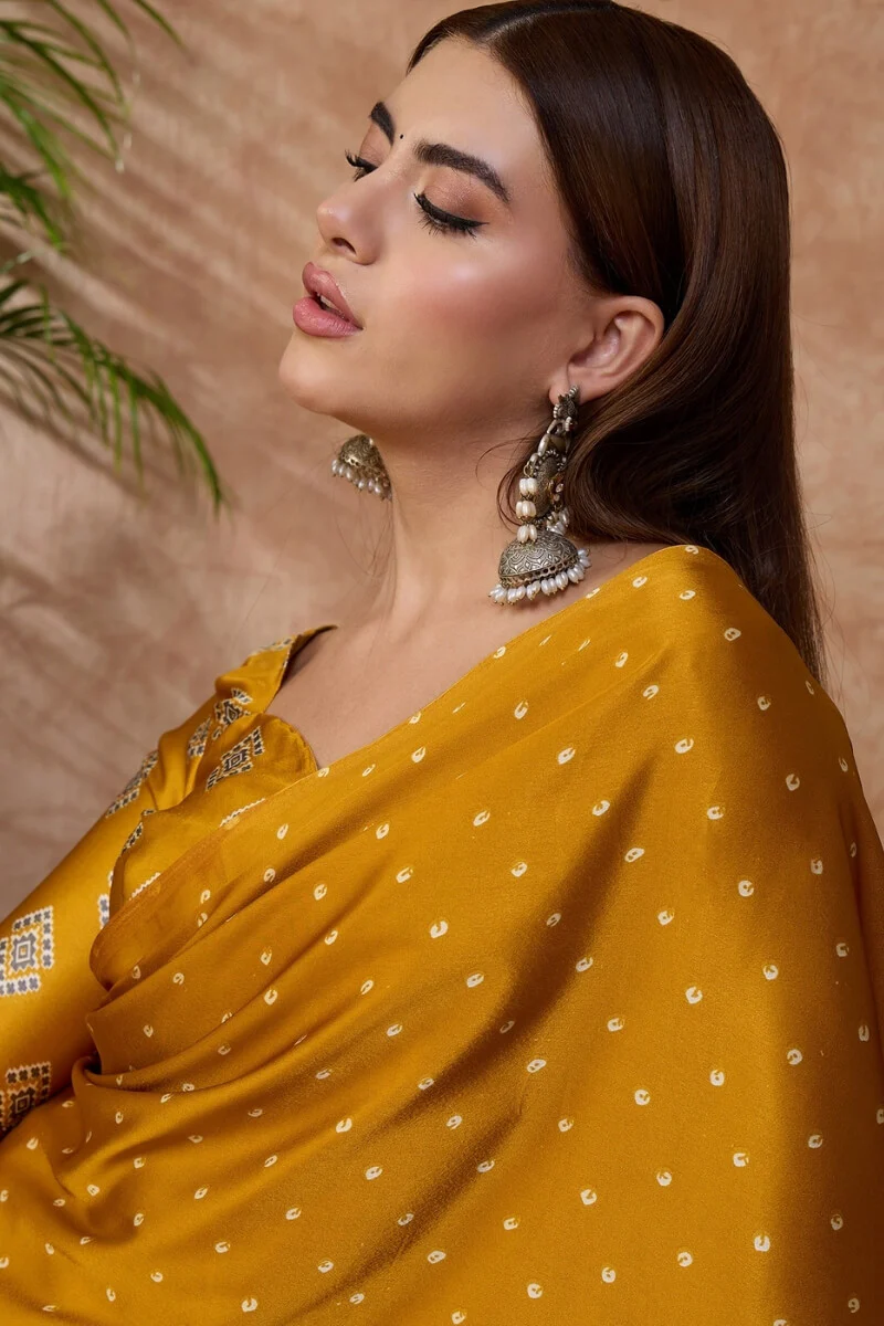 Adorning Mustard Ajrakh Printed Semi Modal Silk Saree With Tantalizing Blouse Piece - Image 4