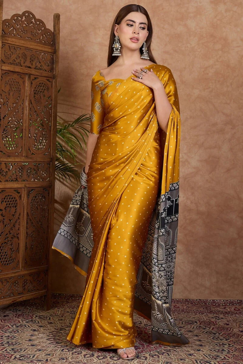 Adorning Mustard Ajrakh Printed Semi Modal Silk Saree With Tantalizing Blouse Piece - Image 5