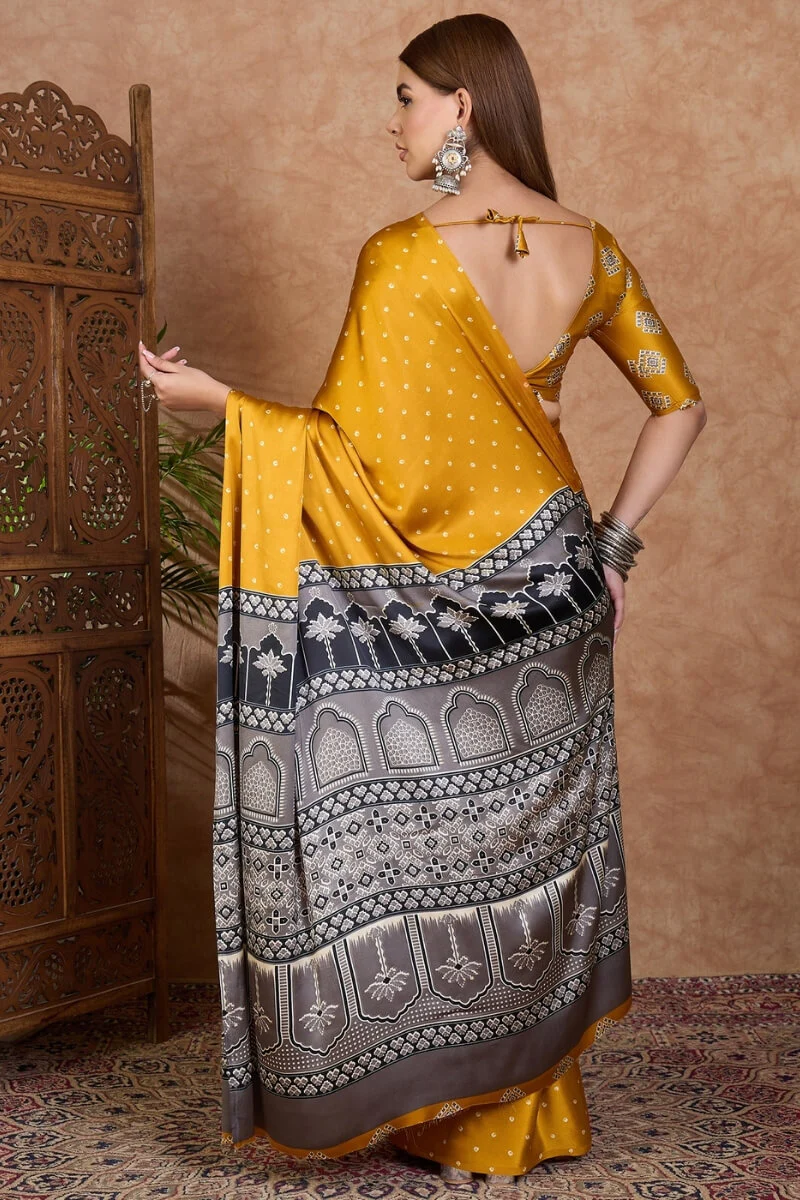Adorning Mustard Ajrakh Printed Semi Modal Silk Saree With Tantalizing Blouse Piece - Image 6