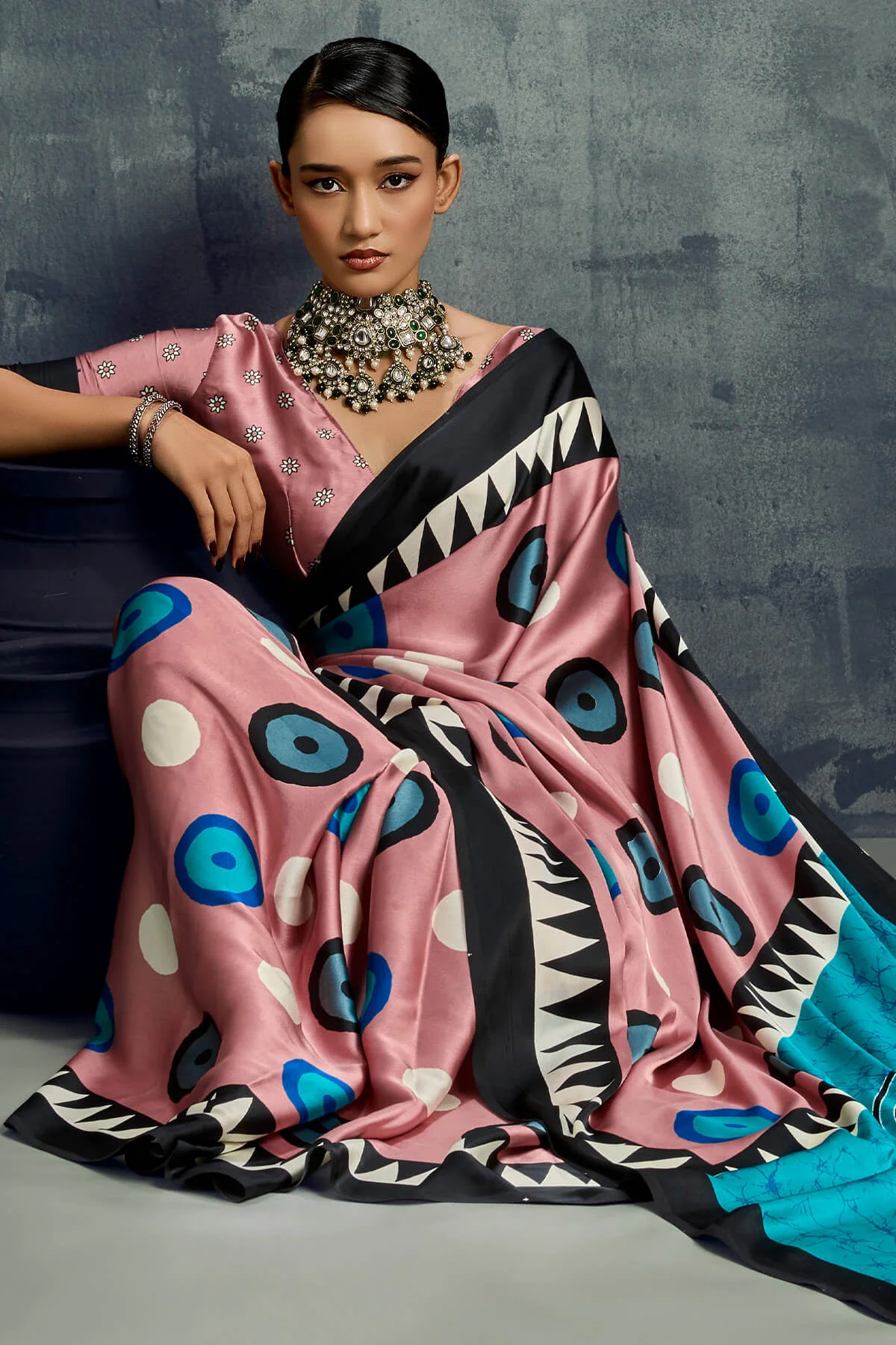 Adorning Pink Ajrakh Printed Satin Silk Saree With Chatoyant Blouse Piece - Image 3