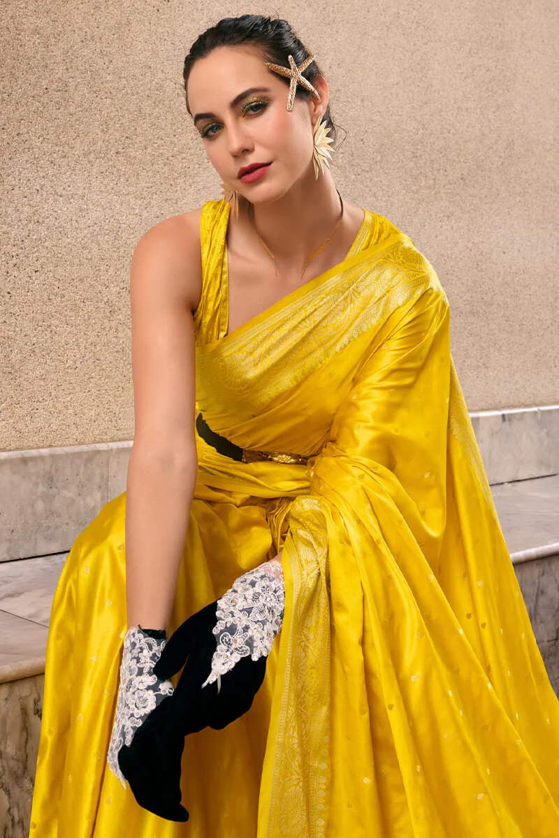 Adorning Yellow Banarasi Satin Silk Saree With Demanding Blouse - Image 2