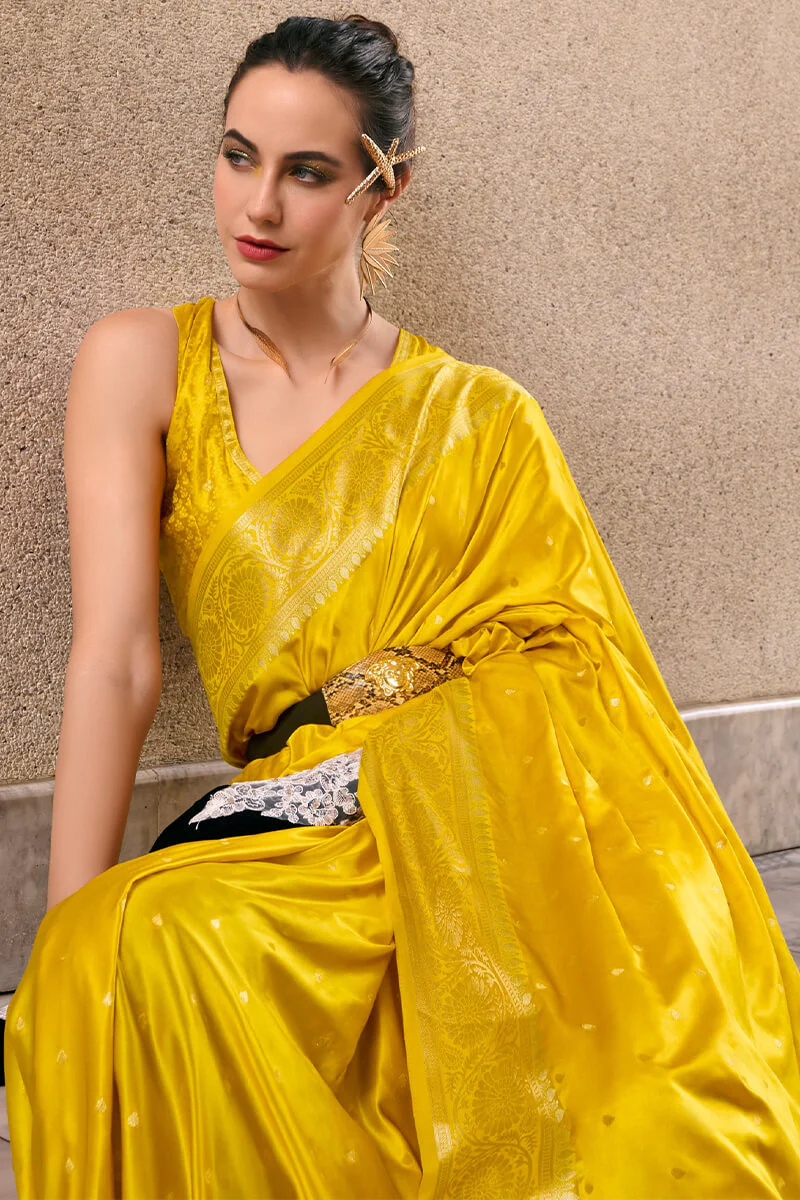 Adorning Yellow Banarasi Satin Silk Saree With Demanding Blouse - Image 4