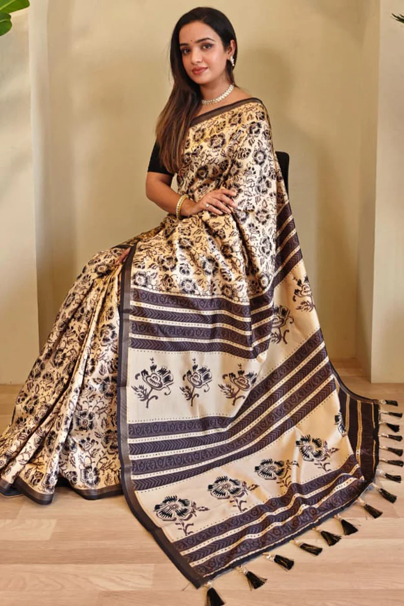 Ailurophile Beige Viscose Dola Silk Printed Saree With Wonderful Blouse Piece - Image 3