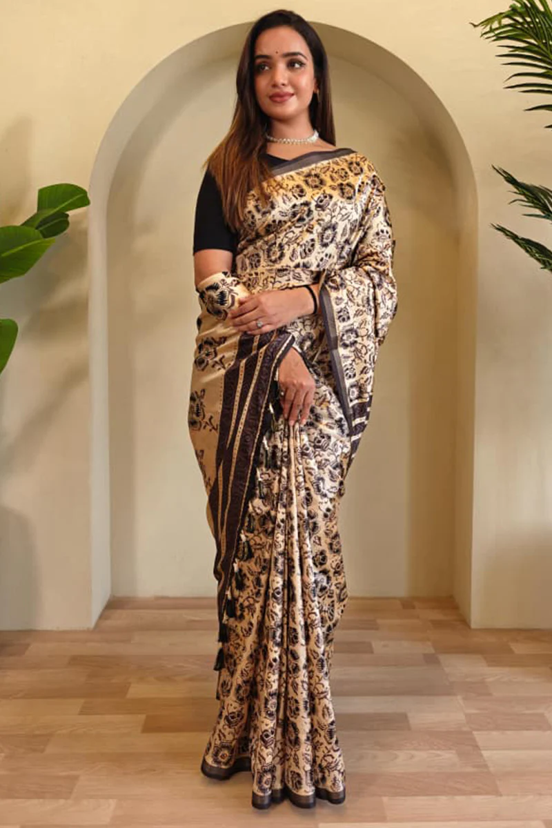 Ailurophile Beige Viscose Dola Silk Printed Saree With Wonderful Blouse Piece - Image 4