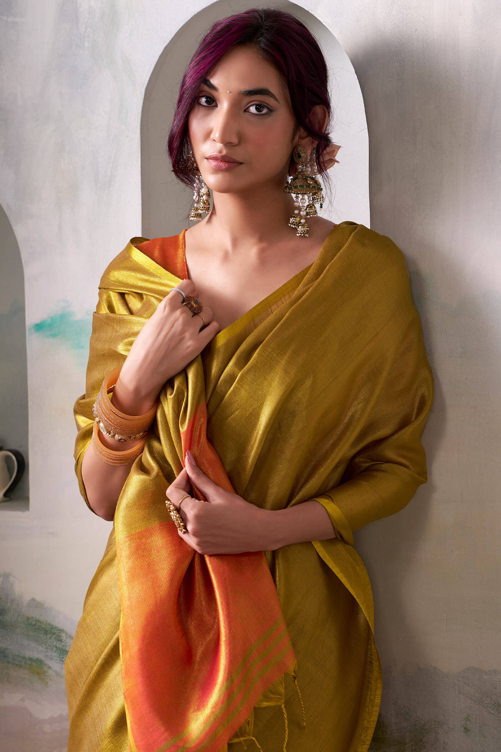 Ailurophile Golden Soft Banarasi Tissue Silk Saree With Dazzling Blouse Piece - Image 2