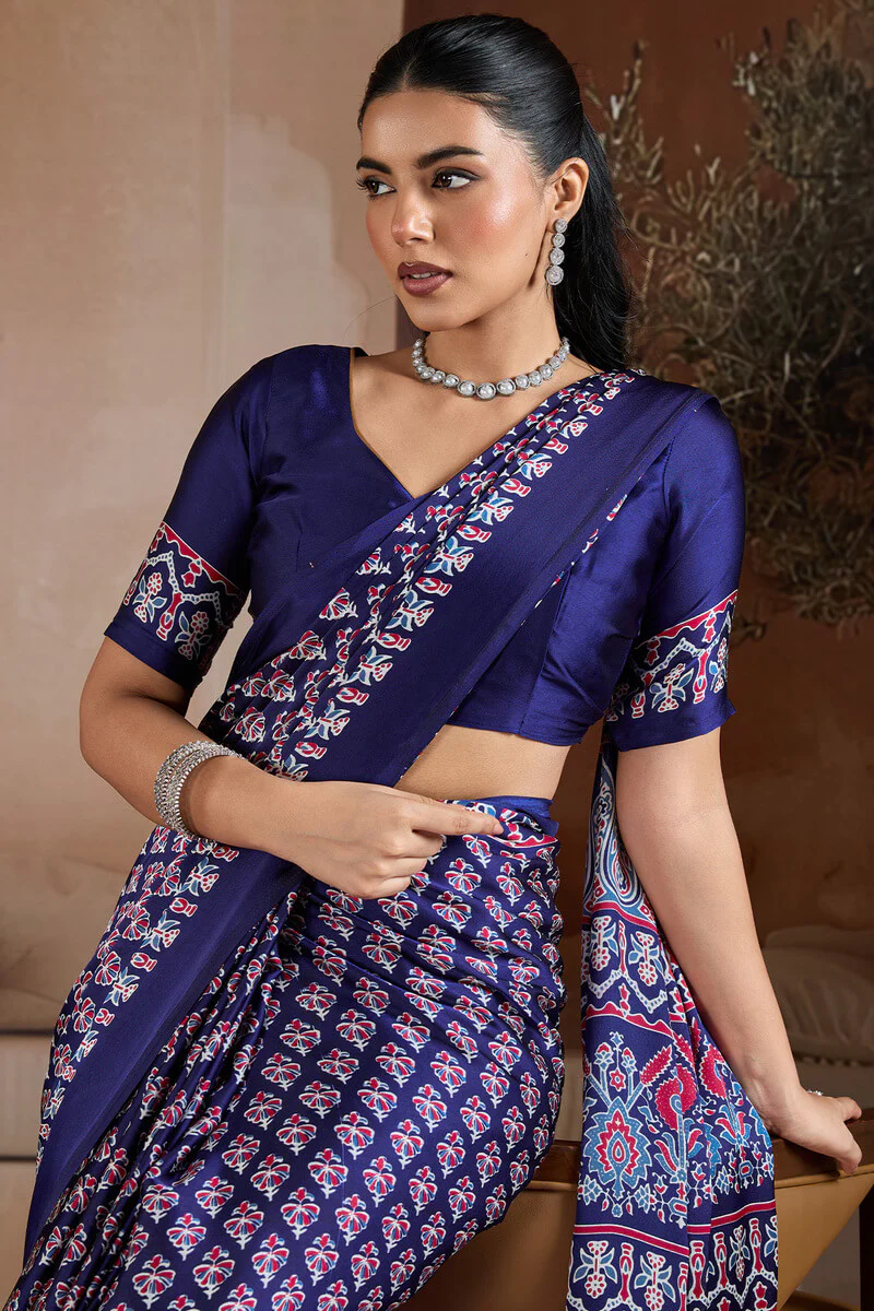 Ailurophile Navy Blue Ajrakh Printed Satin Silk Saree With Piquant Blouse Piece - Image 2